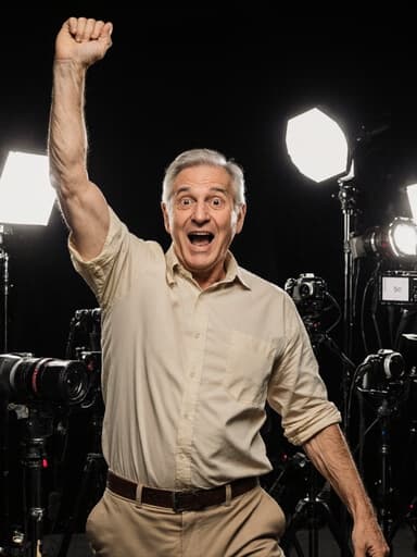 50대 유럽계 남성이 사진 작업실에서 편안한 셔츠와 바지를 입고 서 있습니다. 그는 놀란 표정을 지으며 한쪽 팔을 높이 들어올린 춤추는 자세를 취하고 있습니다. 배경에는 다양한 카메라와 조명 장비가 배치되어 있어 장면의 즐거운 분위기를 더하고 있습니다.