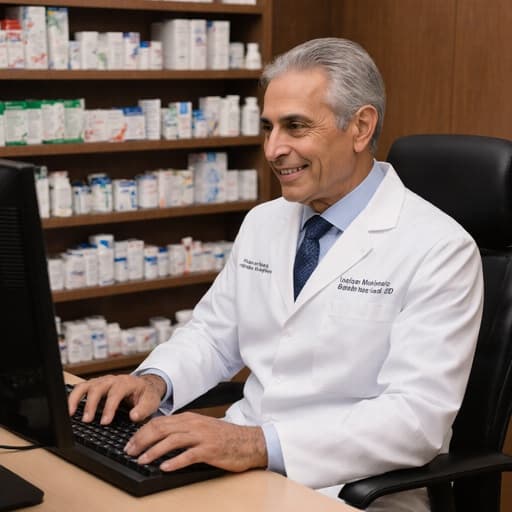 50대 라틴계 남성이 흰색 의사 가운과 정장 바지를 입고, 약국 상담 공간에서 컴퓨터 화면을 주의 깊게 바라보며 키보드를 타이핑하고 있는 모습. 그 모습은 고급스러운 표정과 자신감 넘치는 미소를 자아낸다.