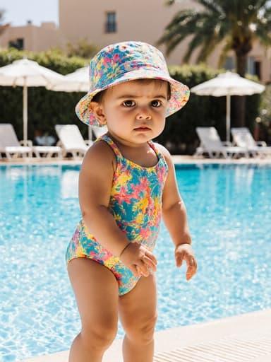 밝은 색상의 수영복과 모자를 쓴 1살 중동계 여성 아기가 물가에 서서 주위를 살피며 무서워하는 표정을 짓고 있는 전체 몸샷입니다. 배경에는 여름철 물놀이를 즐길 수 있는 야외 수영장이 있어, 즐거운 환경과 아기의 두려운 표정이 대조를 이루고 있습니다.