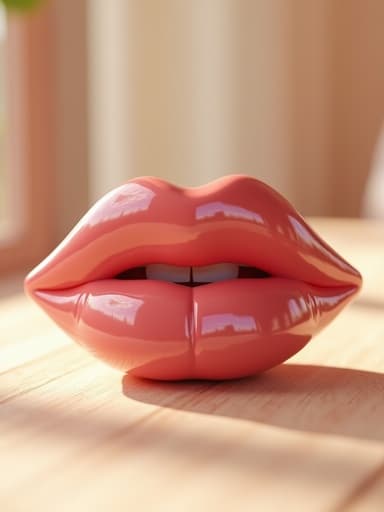 중심에 있는 초현실적인 립 틴트, 광택 있는 마감, 미세한 색상 변Variation, 표면의 자연스러운 결점, 가장자리에 부드러운 초점, 밝은 실내 조명, 따뜻한 톤, 밝은 나무 테이블 배경에 그림자 놀이, 따뜻하고 초대하는 느낌.