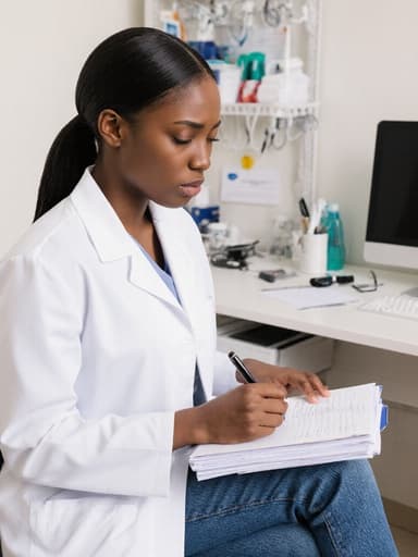 이 이미지는 20대 아프리카계 여성이 흰색 의사 가운과 청바지를 입고 의사 기록을 작성하면서 불안한 표정을 짓고 있는 모습을 담고 있습니다. 배경은 책상과 컴퓨터가 있는 의료 사무실로, 긴박감과 걱정을 더하는 전문적인 환경을 반영하고 있습니다.