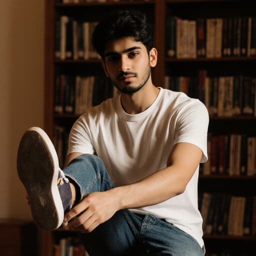 아늑한 도서관에 정리된 책들 뒤에서 한쪽 발을 들어 신발을 신기 위해 준비하는 자신감 넘치는 10대 초반의 중동계 남성을 반신으로 촬영한 이미지. 그는 캐주얼한 티셔츠와 청바지를 입고 있으며, 고급스러운 표정을 짓고 있습니다.