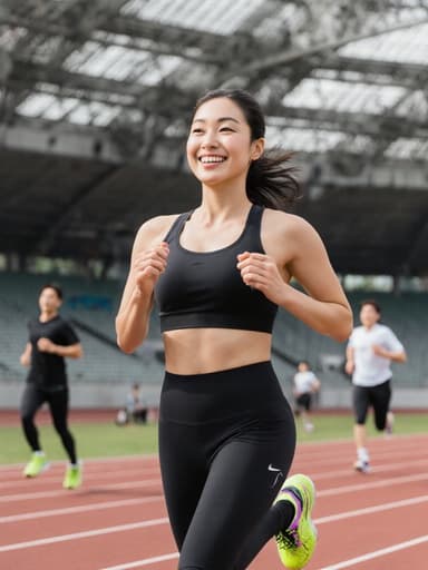 건강하고 활기찬 20대 한국인 여성이 스타일리시한 스포츠 브라탑과 레깅스를 착용하고 밝은 운동화를 신은 채 스포츠 센터의 트랙에서 달리고 있는 전체 몸샷. 그녀는 친근한 미소와 활력 넘치는 표정을 지으며 팔을 자연스럽게 흔들고 있습니다. 배경에는 다른 운동선수들이 훈련 중인 모습이 보이며, 생동감 넘치는 분위기를 만들어냅니다.