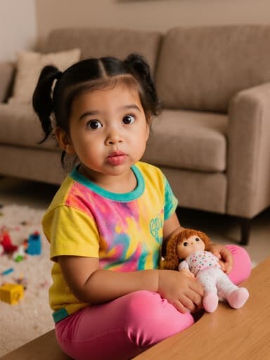 아늑한 거실에서 테이블에 앉아 있는 귀여운 3세 라틴계 소녀의 반신 사진, 밝은 옷을 입고 인형과 상호작용하며 배고픈 표정을 짓고 있습니다.