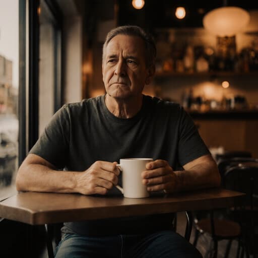 40대의 혼혈 남성이 자연스러운 외모를 지닌 채, 아늑한 카페 테이블에 앉아 편안한 티셔츠와 청바지를 입고 손으로 컵을 잡고 있는 반신 샷입니다. 그의 표정은 친구를 기다리며 불안한 감정을 드러내고 있으며, 따뜻한 조명이 비추는 카페의 아늑한 내부가 돋보입니다. 이 장면은 친밀한 분위기를 자아내며, 그의 태도에서 기대감이 드러나는 자연스럽고 진정한 순간을 제공합니다.