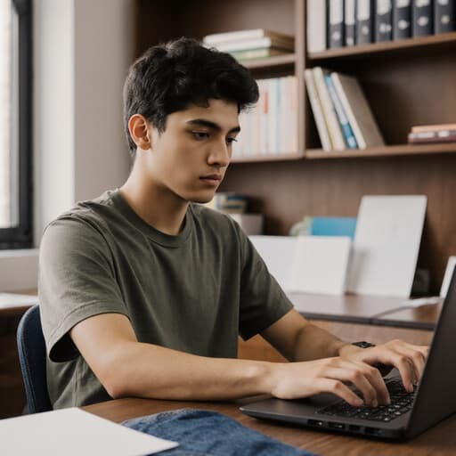 이미지는 10대 초반의 라틴계 남성이 편안한 티셔츠와 청바지를 입고 책상에 앉아 있는 모습을 보여줍니다. 그는 차분한 표정을 짓고 있으며, 노트북 키보드를 가볍게 두드리며 집중하는 듯한 느낌을 줍니다. 배경은 교육 자료로 가득 찬 정돈된 책장이 있는 사무실 환경으로, 학문적인 분위기를 더합니다.