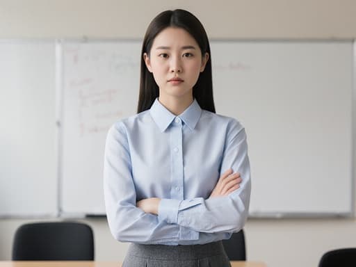 10대 후반의 한국인 여성이 교실처럼 꾸며진 사무실 배경에서 팔짱을 끼고 서 있으며 불만스러운 표정을 짓고 있는 모습. 그녀는 단정한 블라우스와 스커트를 착용하고 있으며, 흰 보드와 책상이 있는 배경과 잘 어우러진 모습이다.