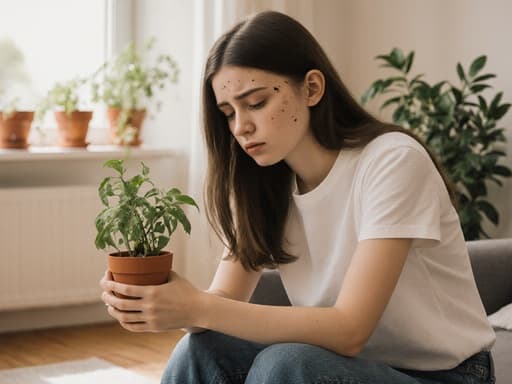 10대 초반의 유럽계 소녀가 자연스러운 모습으로 편안한 티셔츠와 청바지를 입고 손에 작은 화분을 들고 기다리고 있습니다. 그녀의 표정은 스트레스와 약간의 불안감을 드러내며, 밝고 아늑한 거실의 다양한 화분들과 함께 조화를 이루고 있습니다.