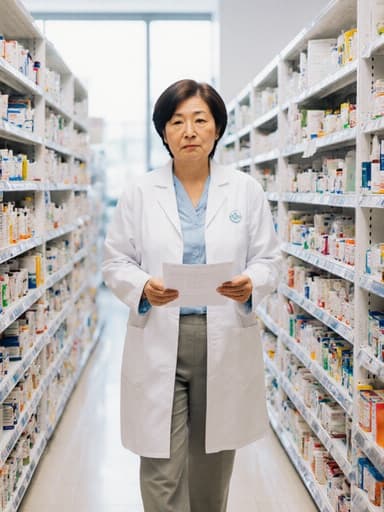 50대 동양인 여성이 흰색 약사 가운을 입고 약국 선반 사이를 걷고 있으며, 약품 목록을 들고 실망한 표정을 짓고 있는 전신 촬영입니다. 배경은 다양한 약품 선반이 있는 밝고 깨끗한 약국으로, 전문적인 분위기를 자아냅니다.