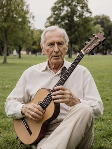 여유롭게 앉아 있는 70대의 자연스러운 백인 남성이 악기를 연주하는 반신 촬영입니다. 그는 편안한 셔츠와 팬츠를 착용하고 있으며, 음악에 몰입하는 차분한 표정을 지으며 여유로운 감정을 표현하고 있습니다. 평화로운 공원 배경은 푸른 잔디와 나무들이 어우러져 있어 장면의 고요한 분위기를 더욱 강조하고 있습니다.
