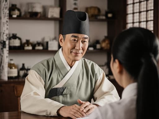 50대 동양인 남성이 전통 한복을 입고, 아늑한 한의원에서 환자의 이야기를 경청하는 모습의 반신 사진.