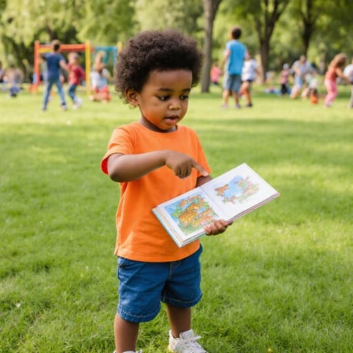호기심 어린 3세 남자아이(흑인)가 밝은 색의 티셔츠와 반바지를 입고, 동물 사진책을 들고 동물을 가리키며 푸른 공원에서 촬영된 반신 사진. 배경에는 아이들이 뛰어노는 활기찬 모습이 보입니다.