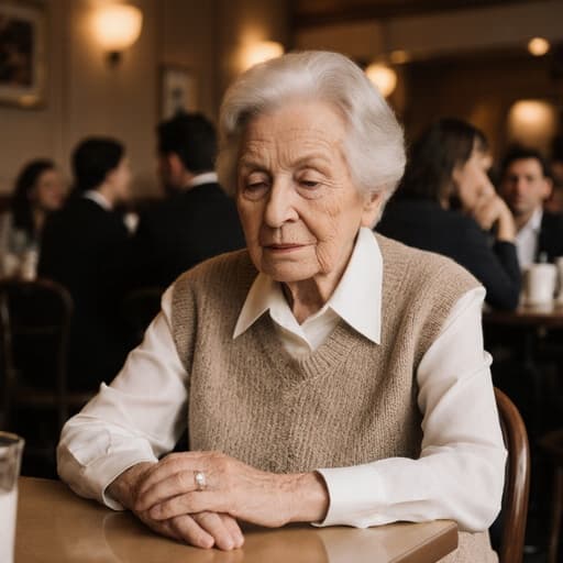 80대 백인 여성이 단정한 블라우스와 니트 스웨터를 착용하고 아늑한 카페 테이블에 손을 올리고 앉아 있는 반신 사진입니다. 그녀는 무관심한 표정으로 아래를 바라보고 있으며, 주변에는 다른 손님들이 대화하고 있는 따뜻한 카페의 분위기 속에 있습니다. 이 구성은 부드러운 조명이 아늑한 분위기를 강조하며, 평화로운 카페의 순간을 포착합니다.