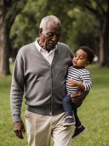 80대의 흑인 남성이 깊은 주름과 지혜로운 표정을 지닌 채로, 편안한 회색 카디건과 면바지를 입고 공원에서 걷고 있습니다. 손자와의 부드러운 손잡이로 슬픈 표정을 지으며, 푸른 잔디와 나무들이 있는 배경 속에서 둘의 연결과 반성의 순간을 담고 있습니다.