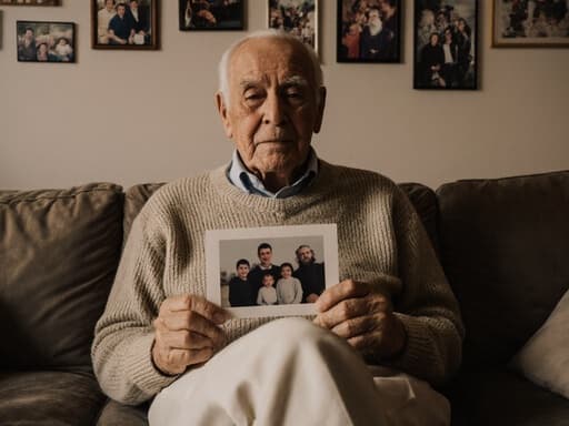 80대 라틴계 남성이 아늑한 거실에 편안히 앉아 있습니다. 그는 편안한 니트 스웨터와 면바지를 입고 있으며, 가족 사진을 손에 들고 평온한 표정을 지으며 가족과의 따뜻한 순간을 즐기고 있습니다. 부드러운 소파와 가족 사진이 걸린 벽이 있는 환경이 아늑한 분위기를 만들어냅니다.