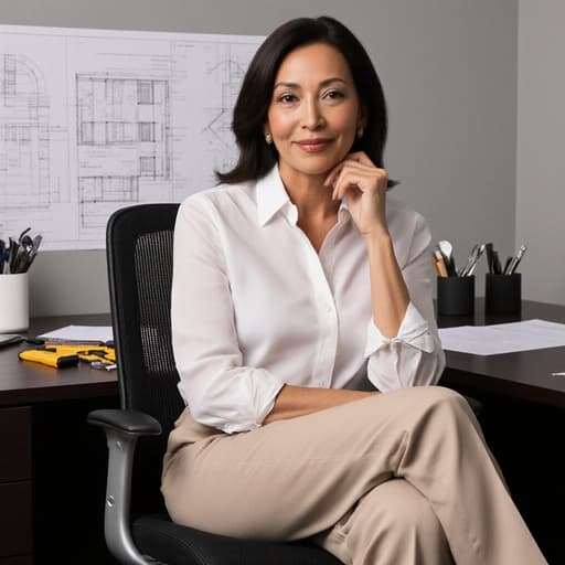 40대 혼혈 여성이 현대적인 사무실에 앉아 세련된 비즈니스 캐주얼 의상을 입고 있습니다. 그녀는 한 손으로 턱을 괴고 다리를 뻗으며 전문적이고 여유로운 모습을 보여줍니다. 사무실 배경에는 건축 도구와 설계도가 놓여 있어 세련된 분위기를 더합니다.