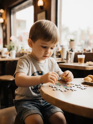 아늑한 카페에서 다양한 음료와 간식이 있는 테이블 위에서 퍼즐 조각을 만지며 호기심 어린 표정을 짓고 있는 귀여운 외모의 3세 유럽계 남성의 반신 샷.