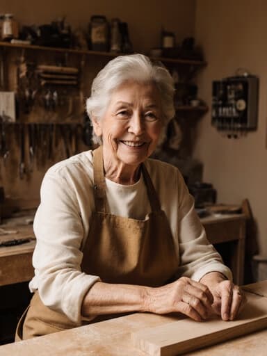 60대 혼혈 여성이 따뜻한 색조의 거실에 있는 정돈된 작업대에서 나무 조각을 다듬고 있으며, 친근한 미소를 지으며 편안한 작업복과 앞치마를 착용하고 있습니다. 그녀의 장인정신이 드러나는 아늑한 분위기를 연출합니다.
