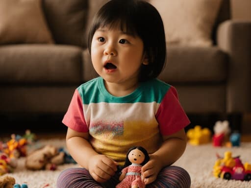 아늑한 거실 바닥에 앉아 있는 3세 아시아계 여성 어린이의 반신 사진. 화려한 티셔츠와 편안한 레깅스를 입고, 지루한 표정을 지으며 인형을 들고 노래를 부르는 모습이 장난감들이 널브러져 있는 가운데 포착되었습니다.