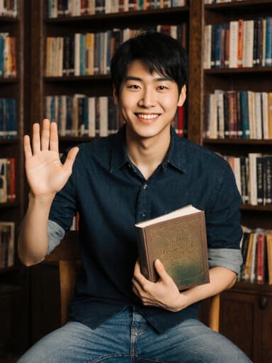 20대 한국인 남성이 자연스러운 미소를 지으며 한 손에 책을 들고 편안한 포즈를 취하고 있습니다. 책으로 가득한 아늑한 도서관이 배경으로, 따뜻하고 지적인 분위기를 만들어냅니다.