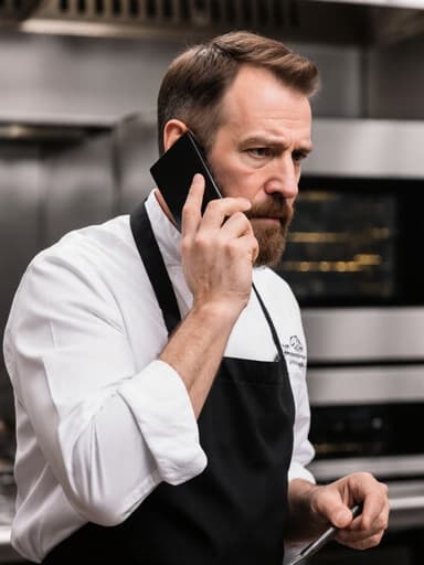 40대 백인 남성 요리사가 흰색 요리사 옷과 검정색 앞치마를 착용하고 있으며, 불만스러운 표정으로 전화기를 들고 주방 도구를 쥐고 있는 모습이 오븐이 보이는 바쁜 주방에서 촬영되었습니다.