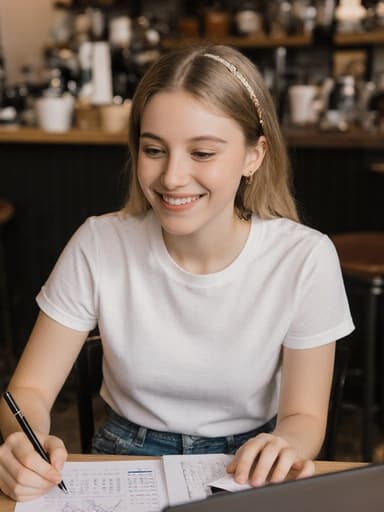 10대 초반의 자신감 있는 백인 소녀가 아늑한 카페 테이블에 앉아 밝게 웃고 있습니다. 그녀는 캐주얼한 티셔츠와 청바지를 입고 있으며, 가볍게 액세서리를 착용하고 있습니다. 노트북에서 데이터를 검토하는 동시에 자신의 외모를 다듬기 위해 화장품을 바르는 모습으로, 커피 관련 소품이 배치된 따뜻한 카페 환경에서 세련된 캐주얼한 분위기를 연출하고 있습니다.