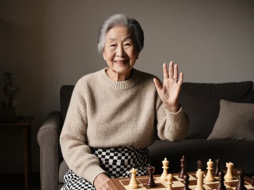 80대의 한국인 여성의 따뜻한 반신 사진으로, 자연스러운 외모를 지닌 그녀가 아늑한 거실에 앉아 있습니다. 편안한 니트 스웨터와 체크무늬 스커트를 착용한 그녀는 고마운 미소를 지으며 인사하는 자세로 손을 흔들고 있습니다. 테이블 위에는 체스판이 놓여 있고, 부드럽고 아늑한 소파와 함께 분위기를 한층 더 따뜻하게 만들어 주고 있습니다.