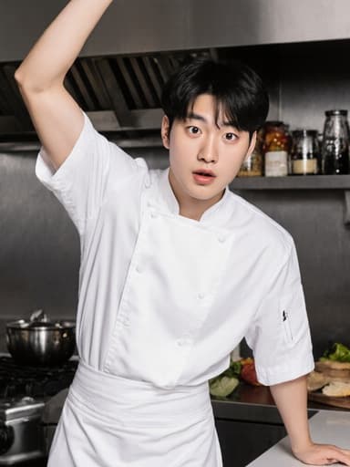 10대 후반의 아시아계 남성 모델이 흰색 요리사 복과 앞치마를 착용하고 반신 촬영으로 포착되었습니다. 그는 놀란 표정을 짓고 있으며, 한 손으로 스트레칭을 하고 다른 손은 조리대 위에 놓고 있습니다. 배경은 다양한 조리 도구와 재료들로 가득 찬 활기찬 주방으로, 매력적인 요리 분위기를 만들어냅니다.