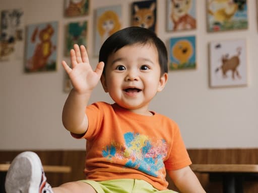 아늑한 카페 내부에서 귀여운 외모의 1세 남자 아시아계 아동의 반신 사진. 밝은 색상의 티셔츠와 반바지를 입고 귀여운 운동화를 신은 아동은 호기심 어린 표정으로 눈을 크게 뜨고 웃으며 손을 흔들며 인사하는 자세를 취하고 있습니다. 배경은 여러 동물 그림이 걸린 아늑한 카페 내부로 따뜻하고 초대하는 분위기를 연출합니다. 자연스러운 조명이 장면의 기분을 더욱 밝게 만듭니다.