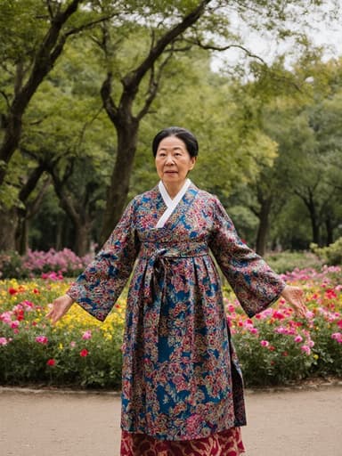 아름다운 공원에서 나무와 꽃들로 둘러싸인 전통 한복을 입은 70대 혼혈 여성의 전신 사진. 그녀는 두 팔을 벌리고 점프하며 주위를 살피고 있어 불편한 감정을 드러내고 있습니다.
