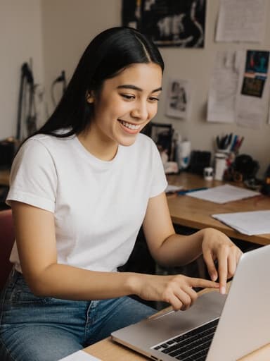 10대 초반의 라틴계 소녀가 편안한 티셔츠와 청바지를 입고, 아늑한 집 사무실에서 노트북 화면을 가리키며 밝게 웃고 있습니다. 책상 위에는 여러 디자인 도구와 참고 자료들이 놓여 있어 창의적인 분위기를 더하고 있습니다.
