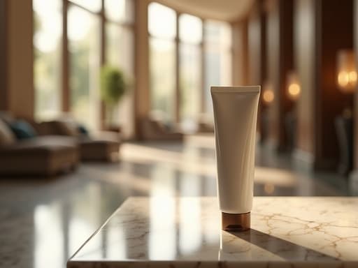 고급 호텔 로비에 있는 대리석 테이블 위에 우아한 핸드크림, 큰 창문을 통해 부드러운 자연광이 쏟아져 내리고, 배경에는 안락한 좌석과 세부 장식이 있으며, 얕은 피사계 심도, 대리석의 미세한 반사, 고급스러운 분위기.