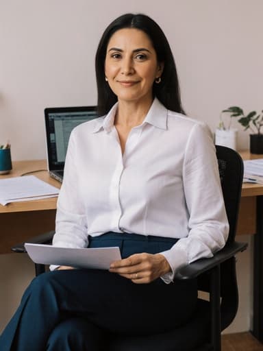 40대 라틴계 여성의 반신 촬영으로, 캐주얼한 블라우스와 슬랙스를 입고 편안하게 앉아 있으며 한쪽 다리를 뻗고 프레젠테이션 자료를 들고 있습니다. 차분하고 자신감 있는 표정을 짓고 있으며, 노트북과 다양한 자료가 놓인 잘 정돈된 스터디룸 배경으로 전문적인 분위기를 자아냅니다.