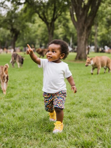 1세 남성 흑인 아기가 반소매 티셔츠와 반바지를 입고 공원에서 걷고 있는 모습의 전신 사진. 호기심 어린 표정으로 동물들을 가리키고 있으며, 배경은 푸른 잔디와 나무들로 가득 차 있고 다양한 동물들이 놀고 있는 모습이 담겨 있어 즐겁고 호기심 가득한 분위기를 연출하고 있습니다.