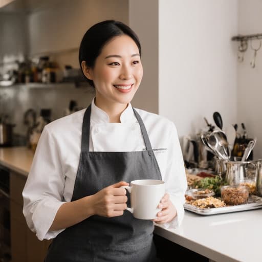 30대 아시아계 여성이 세련된 주방 조리복과 앞치마를 입고 자연스럽게 웃으며 커피 컵을 들고 있는 모습. 깔끔하게 정리된 주방 환경에서 조리 도구와 신선한 재료들이 잘 배치되어 있어 따뜻하고 매력적인 분위기를 자아냅니다.
