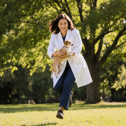 40대 혼혈 여성의 세련된 모습이 담긴 역동적인 액션 샷. 그녀는 전문적인 수의사 의복을 입고 있으며, 햇살이 비치는 푸르른 공원에서 동물을 안전하게 잡고 있다. 그녀의 표정은 자신감과 동물에 대한 사랑을 나타내며, 그녀의 직업에 대한 헌신을 보여준다.