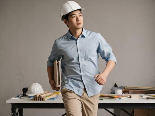20대의 자신감 넘치는 동양인 남성이 캐주얼한 복장과 안전모를 착용하고 건축 자재를 들고 달리는 모습이 깔끔한 프로젝트룸에서 자유롭고 전문적인 느낌을 전달하고 있습니다.