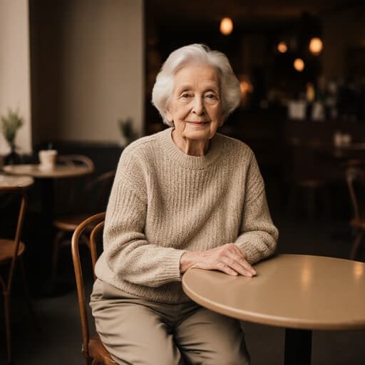 80대 백인 여성의 반신 사진으로, 아늑한 카페 테이블에 앉아 손을 테이블에 올리고 있습니다. 편안한 니트 스웨터와 슬랙스를 입고 있으며, 따뜻한 조명이 비추는 아늑한 분위기 속에서 고요하고 무관심한 표정을 지니고 있습니다.