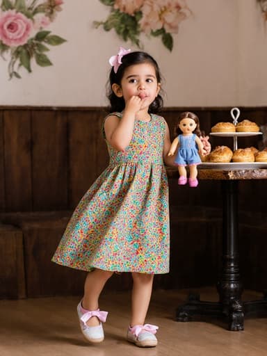 귀여운 중동계 3세 여성 어린이가 밝은 색의 원피스를 입고 리본 장식이 있는 신발을 신은 전신 사진입니다. 그녀는 배고픈 표정을 지으며 작은 입을 오므리고 인형을 두 손으로 들고 춤추는 듯한 자세를 취하고 있습니다. 배경은 아늑한 카페 내부로, 테이블 위에는 과자가 놓여있고 벽에는 아기자기한 장식이 있어 따뜻하고 즐거운 분위기를 자아냅니다.