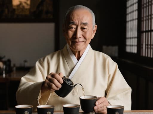 전통 한복을 입고 차를 따르고 있는 70대 혼혈 남성의 반신 초상. 따뜻한 미소와 피곤한 표정이 조화를 이루며, 전통과 현대가 어우러진 아늑한 카페에서 평화로운 분위기를 자아냅니다.