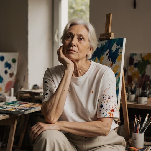 40대 백인 여성이 편안한 티셔츠와 면바지를 입고, 팔에 페인트 얼룩이 묻어 있는 모습이 반신 샷으로 포착되었습니다. 그녀는 생각에 잠긴 듯한 표정을 짓고 한 손으로 턱을 괴고 있으며, 다양한 그림 도구가 널려 있는 잘 조명된 아틀리에에서 캔버스를 바라보고 있습니다. 따뜻하고 초대하는 듯한 분위기를 만들어냅니다.