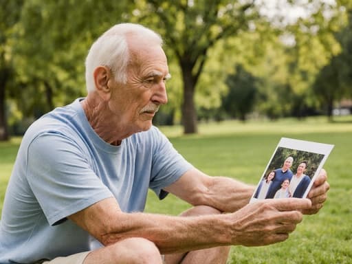 70대 백인 남성이 평온한 표정을 지으며 편안한 티셔츠와 반바지를 입고 있는 반신 사진입니다. 가족 사진을 바라보며 스트레칭하는 자세를 취하고 있으며, 이는 반성과 연결의 순간을 잘 표현하고 있습니다. 배경은 푸른 잔디와 나무들이 있는 공원으로, 장면의 평온함을 더합니다. 자연광이 그의 편안한 모습을 강조하며, 이미지를 따뜻하고 초대하는 느낌으로 만듭니다.