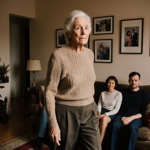 이 이미지는 70대의 유럽계 여성으로, 편안한 니트 스웨터와 슬랙스를 입고 따뜻한 거실을 걷고 있는 모습입니다. 그녀는 무관심한 표정을 지으며 가족과 상호작용하고 있으며, 배경에는 가족 사진과 편안한 소파가 있어 아늑하고 친숙한 느낌을 줍니다.