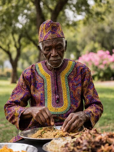 이 이미지는 전통 의상을 입은 70세의 아프리카 남성이 평화로운 공원에 앉아 전통 음식을 만들기 위해 재료를 준비하는 모습을 담고 있으며, 긴장된 표정을 지으며 그 순간의 문화적 본질을 강조하고 있습니다.