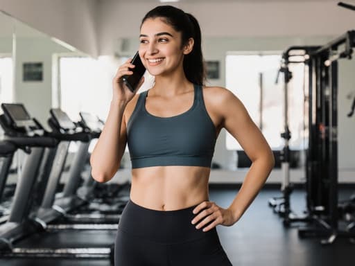 건강하고 활기찬 외모의 10대 후반 중동계 여성이 트렌디한 운동복을 입고, 한 손에 전화를 들고 다른 손은 허리에 얹고 자신감 넘치는 미소를 짓고 있는 모습으로, 운동 기구와 거울이 있는 헬스장 내부 배경에서 촬영된 이미지입니다.