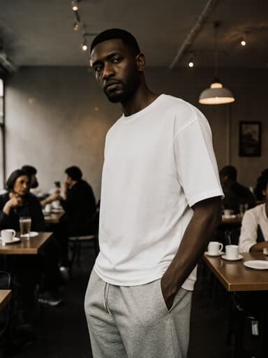 부드러운 조명이 비치는 카페에서 서 있는 40대 흑인 남성의 전신 샷. 편안한 티셔츠와 조거 팬츠를 입고 있으며, 손은 주머니에 넣고 몸을 약간 앞으로 기울이며 절망적인 표정을 짓고 있습니다. 주변에는 사람들이 커피를 즐기고 있는 테이블이 있습니다.