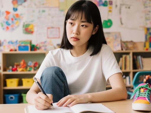 10대 초반 아시아계 소녀가 편안한 티셔츠와 청바지를 입고 아늑한 유아 학습실에서 촬영되었습니다. 그녀는 테이블에 앉아 펜을 들고 책을 집중해서 바라보며, 학습 자료와 장난감이 놓인 배경 속에서 약간 긴장한 표정을 짓고 있습니다.