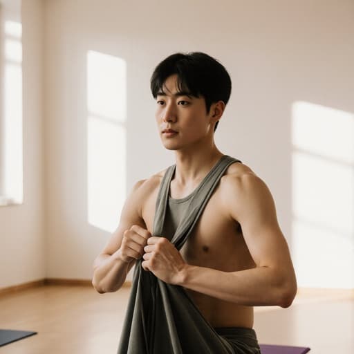 20대 동양인 남성이 편안한 요가복을 입고 아늑한 요가 스튜디오에서 부드러운 조명 속에서 스트레칭에 집중하고 있는 모습이 반신 사진으로 담겼습니다. 그의 긴장한 표정은 집중력을 나타내며, 주변의 고요한 분위기와 완벽하게 어우러집니다.