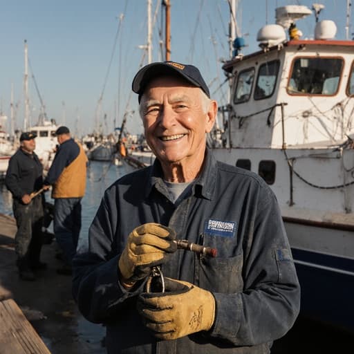 60대 백인 남성이 작업복과 장갑을 착용하고 자연스럽고 편안한 미소를 지으며 어선 부품을 손에 들고 작업에 집중하는 반신 사진입니다. 배경에는 어선 정비가 이루어지는 바쁜 항구의 모습이 보이며, 주변에는 다른 어부들이 활발히 작업하고 있어 역동적이고 산업적인 분위기를 만들어냅니다.
