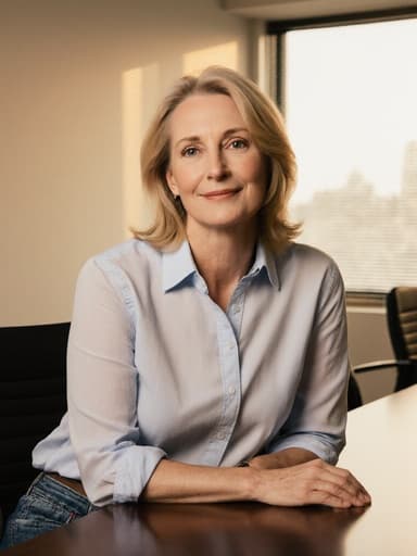 40대 백인 여성의 반신사진으로, 자연스러운 외모를 지닌 그녀가 회의실 테이블에 편안하게 앉아 팔을 올려놓고 있습니다. 그녀는 편안한 캐주얼 셔츠와 청바지를 착용하고 있으며 여유로운 표정을 짓고 있습니다. 회의실 배경은 창문이 있어 자연광이 들어오며, 따뜻하고 초대하는 분위기를 연출합니다.